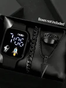 Men's Rocket Astronaut Pattern Watch Set, Digital Display, Arrow Pendant Necklace Jewelry, Running Travel Accessory, 4 Piece
