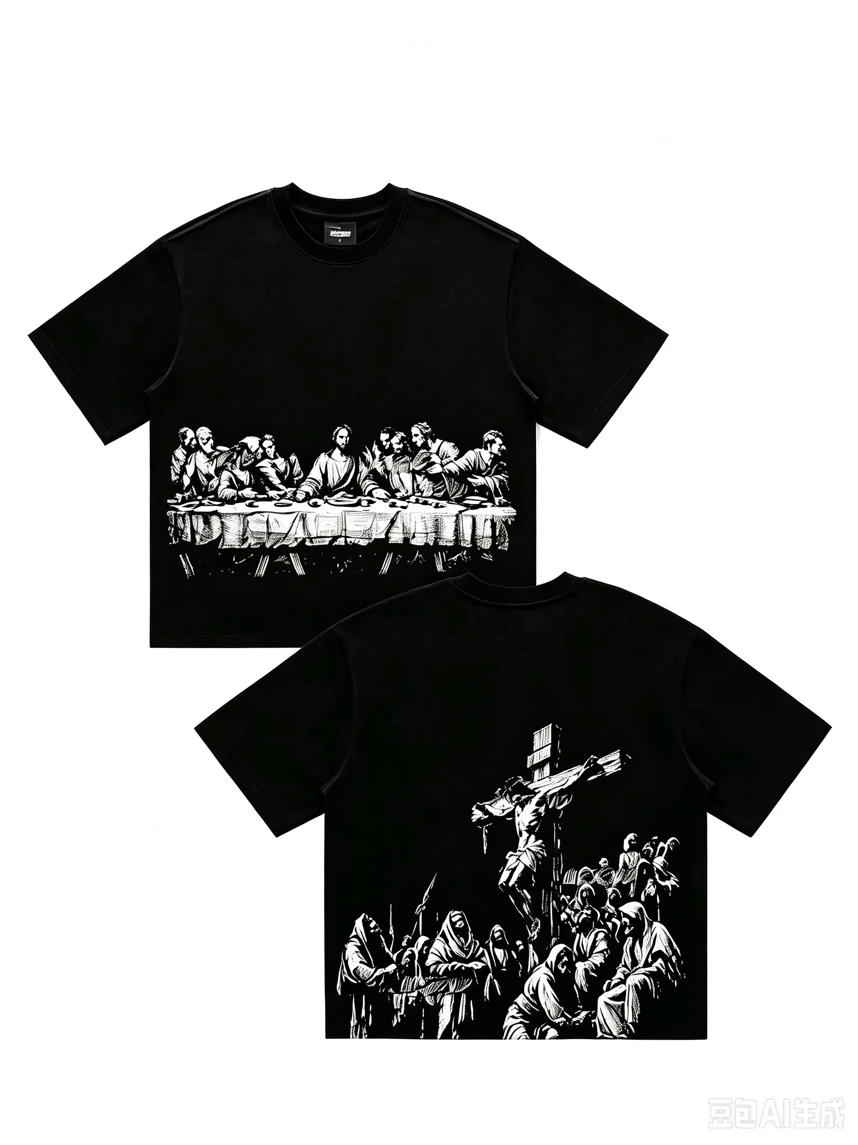 "The Last Supper & Crucifixion" Double-sided Graphic T-Shirt fabric top faith-based honour tee man fan christmas outfit chainsaw holiday vibe acid wash husband  unisex ironic r dadcross beer joke casual t-shirt back print cotton pure distressed vintage