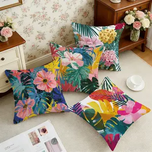 4 Piece Colorful Tropical Floral Leaf Pillow Covers, Single-Sided Print, Simple Home Decor for Living Room Bedroom, No Insert Included
