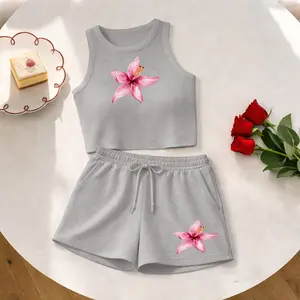 Women's Retro Floral Print Sleeveless Tank Top And Drawstring Shorts Set, Casual Summer Sportswear Two Piece Outfit, Ribbed Knit Tank And Shorts Set For Everyday Wear