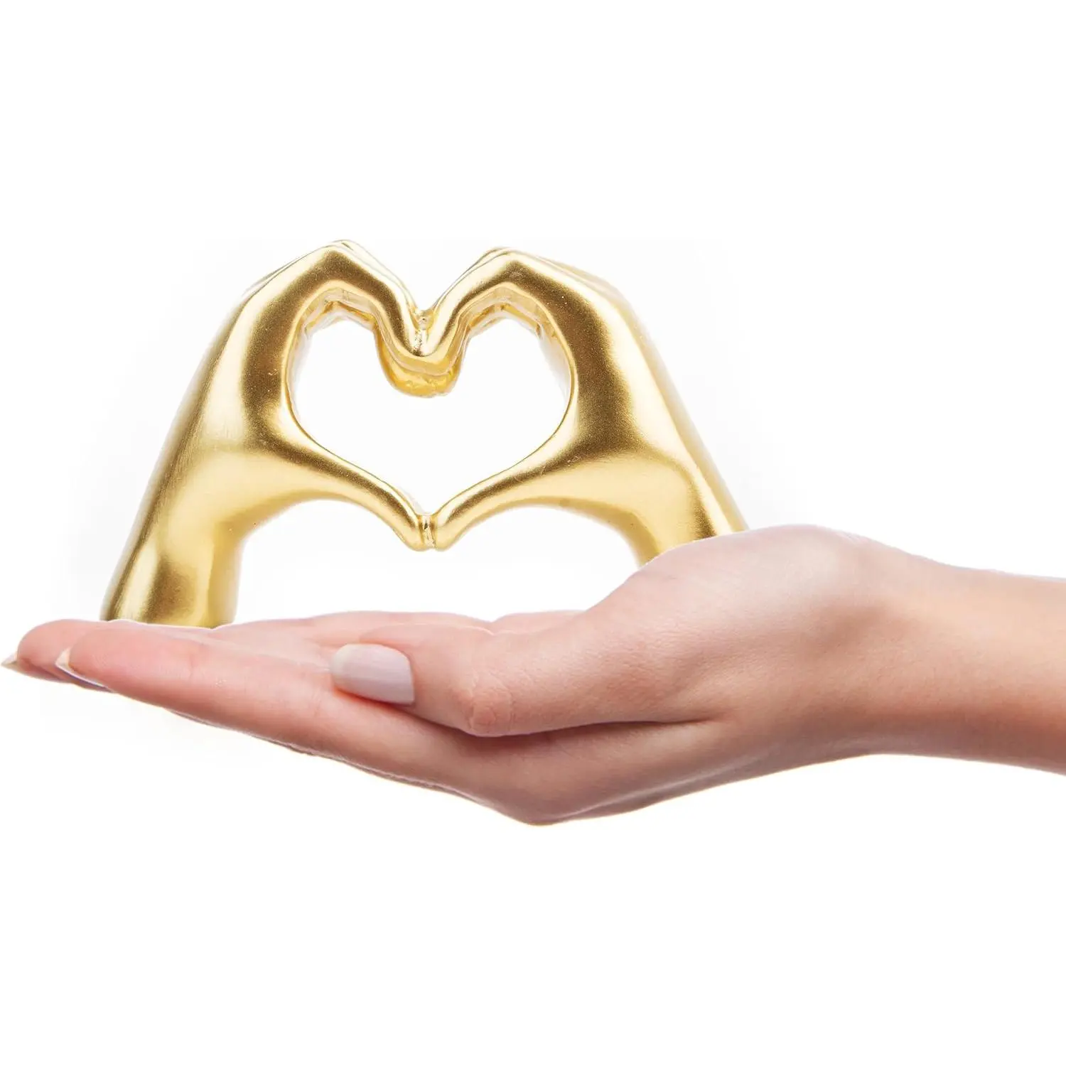 Gold Small Heart Hands Sculpture - Smooth Home Decor Statue for Living Room, Wedding Gift for Lover, Unique Modern Aesthetic Figurine with Gift Box for Office Display