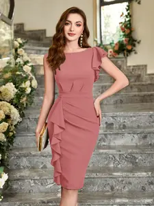 MIUSOL A9252 Solid Color Asymmetric Ruffle Sleeve Cocktail Prom Dress, Formal Wear, Elegant Semi-Formal Women Dress, Vintage Ruffle Sleeves Cocktail Party Pencil Dress