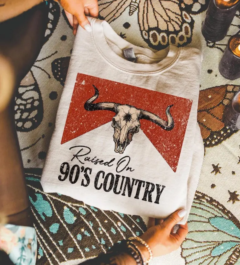 Comfort Colors Raised on 90s Country TShirt Vintage Western Bull Skull Graphic Tee, Country Music Lover TShirt, Retro Southern