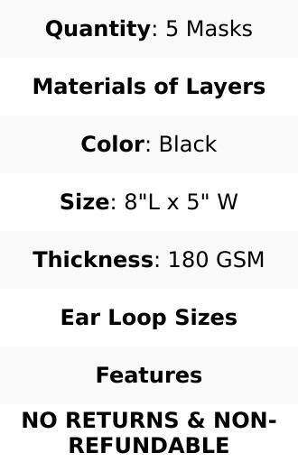 5 Pack 2 Ply Black Ultra Soft 100% Organic Cotton Face Masks, Reusable Fabric Masks With Soft Ear Loops