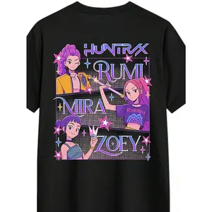 Lady Huntrix Kpop Devil Hunter Pattern T-Shirt - Black Top, Cute Anime Battle Monsters Like Rumi, Mira And Joey - Casual K-Pop Exhibition Outfit - Machine Washable Fan Gift, Pop Culture Clothing, Fun Design, Digital Print Quality