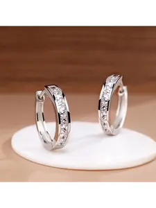 Silver Plated Princess-Cut CZ Hoop Earrings for Women, Channel-Set Huggie Earrings, Minimalist Statement Jewelry