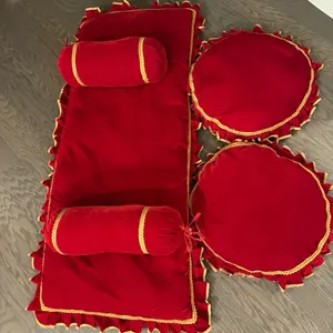 Dashain Velvet Cushion Set - Red Velvet with Gold Trim Decorative Pillows for Dashain Celebrations