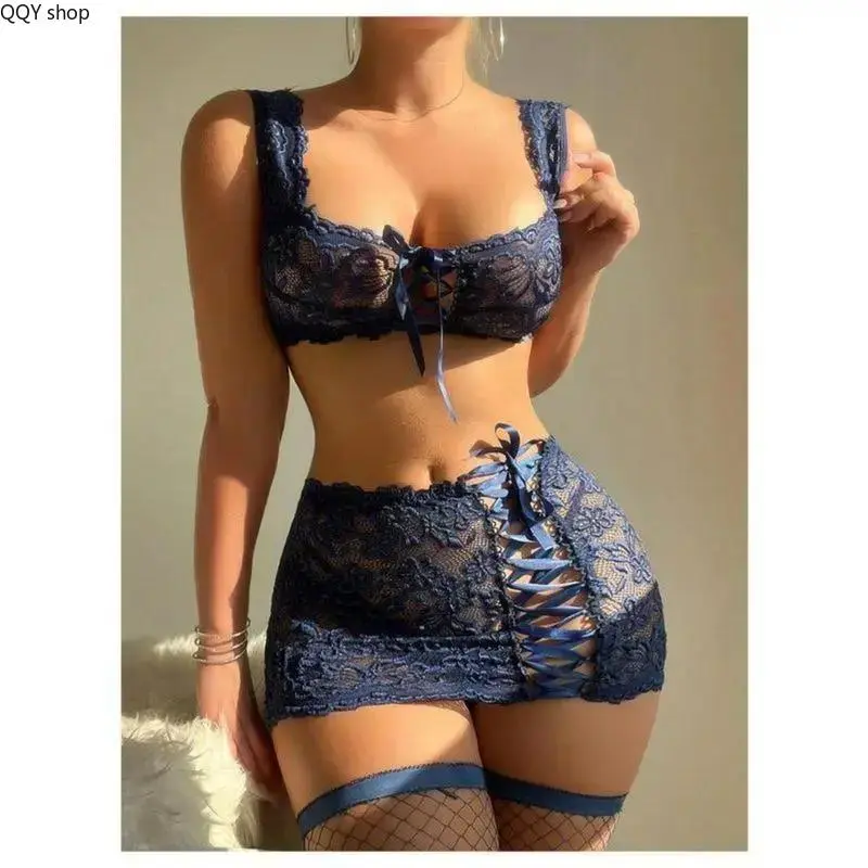 Women's 3-Piece Wireless Lace-Up Babydoll Lingerie Set, Soft Sheer Mesh Sleepwear, Comfortable Elegant Intimate Outfit for Lady, Stylish Slim-Fit Nightwear, Ideal for Anniversary Dates & Romantic Nights (Navy Blue)
