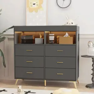 Modern Baby Changing Table Dresser with 6 Drawers & 2 Open Storage Compartments - Convertible Changing Pad Top, LED Lighting, Power Outlet - Nursery Storage Cabinet