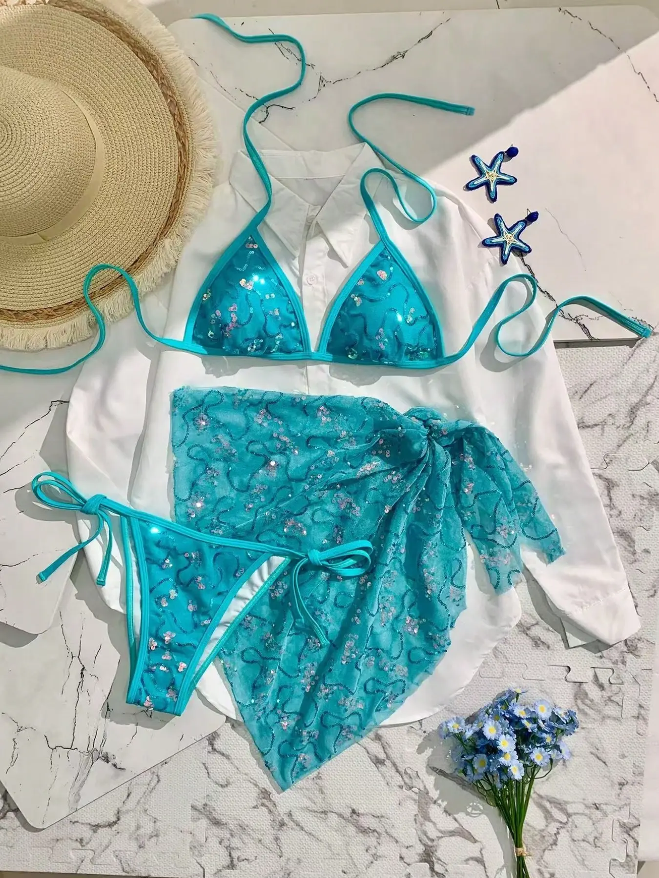 Summer Women's Blue Sequined Thin Strap Halter Bikini Set, Sexy Beachwear Three-Piece Swimsuit, Vacation Style Swimwear, Halter Neck Bikini, Swimsuit Sets