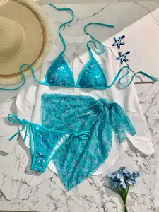 Summer Women's Blue Sequined Thin Strap Halter Bikini Set, Sexy Beachwear Three-Piece Swimsuit, Vacation Style Swimwear
