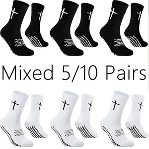 5 Pairs Cross Grip Soccer Socks Anti Slip Christian Sports Socks with Bible Verse Jesus Athletic Cotton Sock for Men