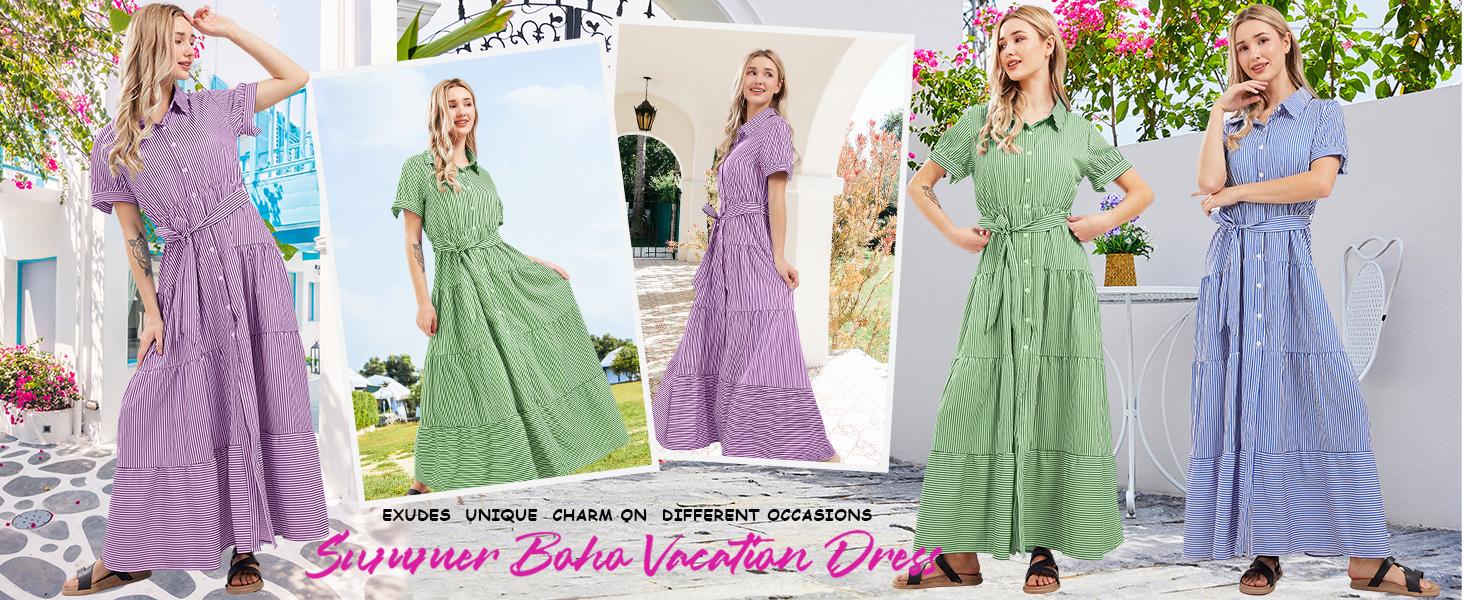 Ebossy Womens Casual Short Sleeve Button Down Tie Waist Ruffled Striped Maxi Shirt Dress Ebossy Womens Casual Short Sleeve Button Down Tie Waist Ruffled Striped Maxi Shirt Dress