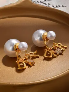 Fashionable French Classic High-End Stud Earrings with Rhinestone Letters and Pearls, Chic and Elegant Ear Studs for Women, Statement Earrings