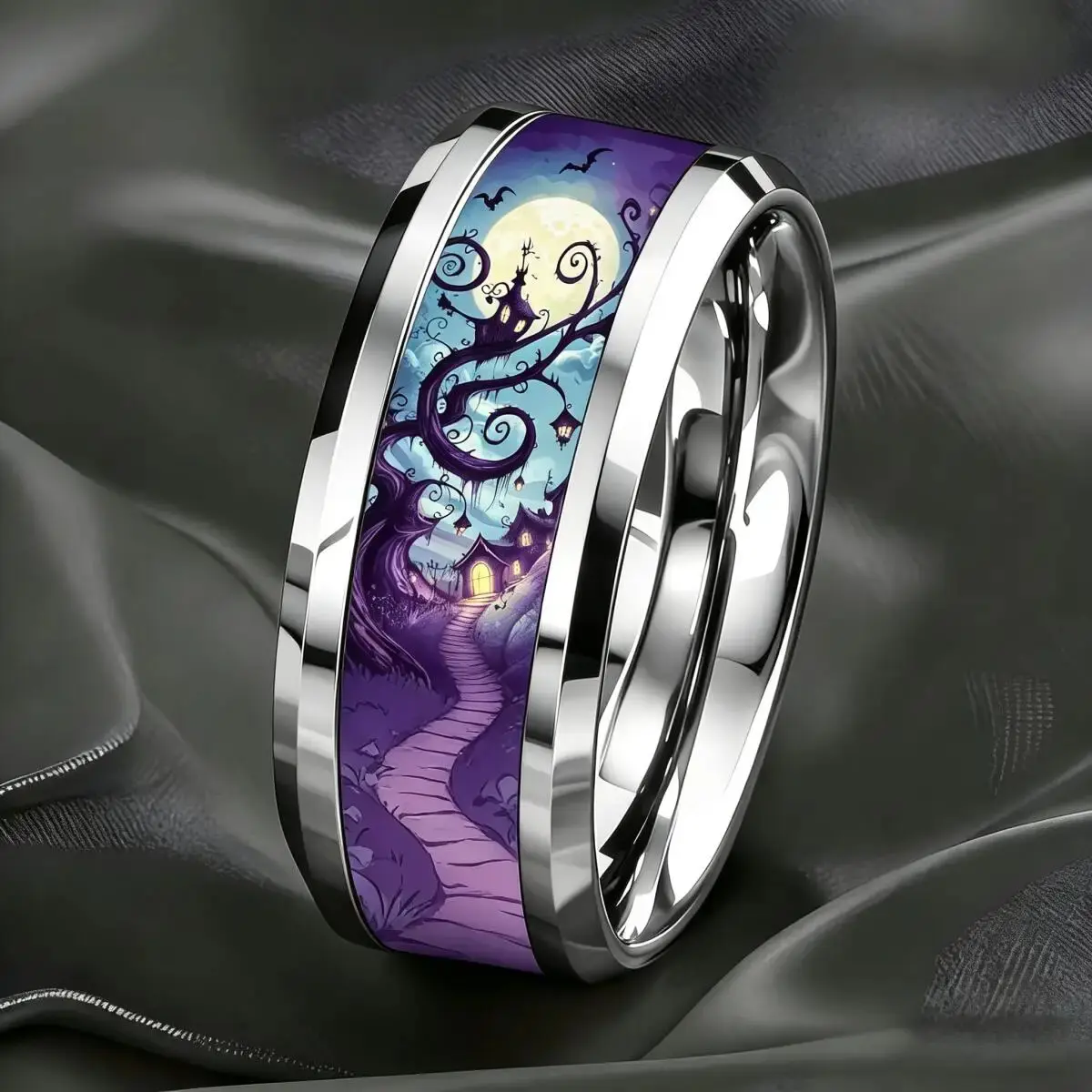 Vintage Gothic Halloween Castle Moon Bat Ring Hiphop Stainless Steel Rings For Men Wedding Party Jewelry Valentine's Day Gift
