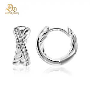 Delzzad Twist Hoop Earrings Crossover Huggies Earrings D Color VVS Synthetic Moissanite Earrings Jewelry S925 Perfect Birthday Engagement Wedding Anniversary Christmas Gift