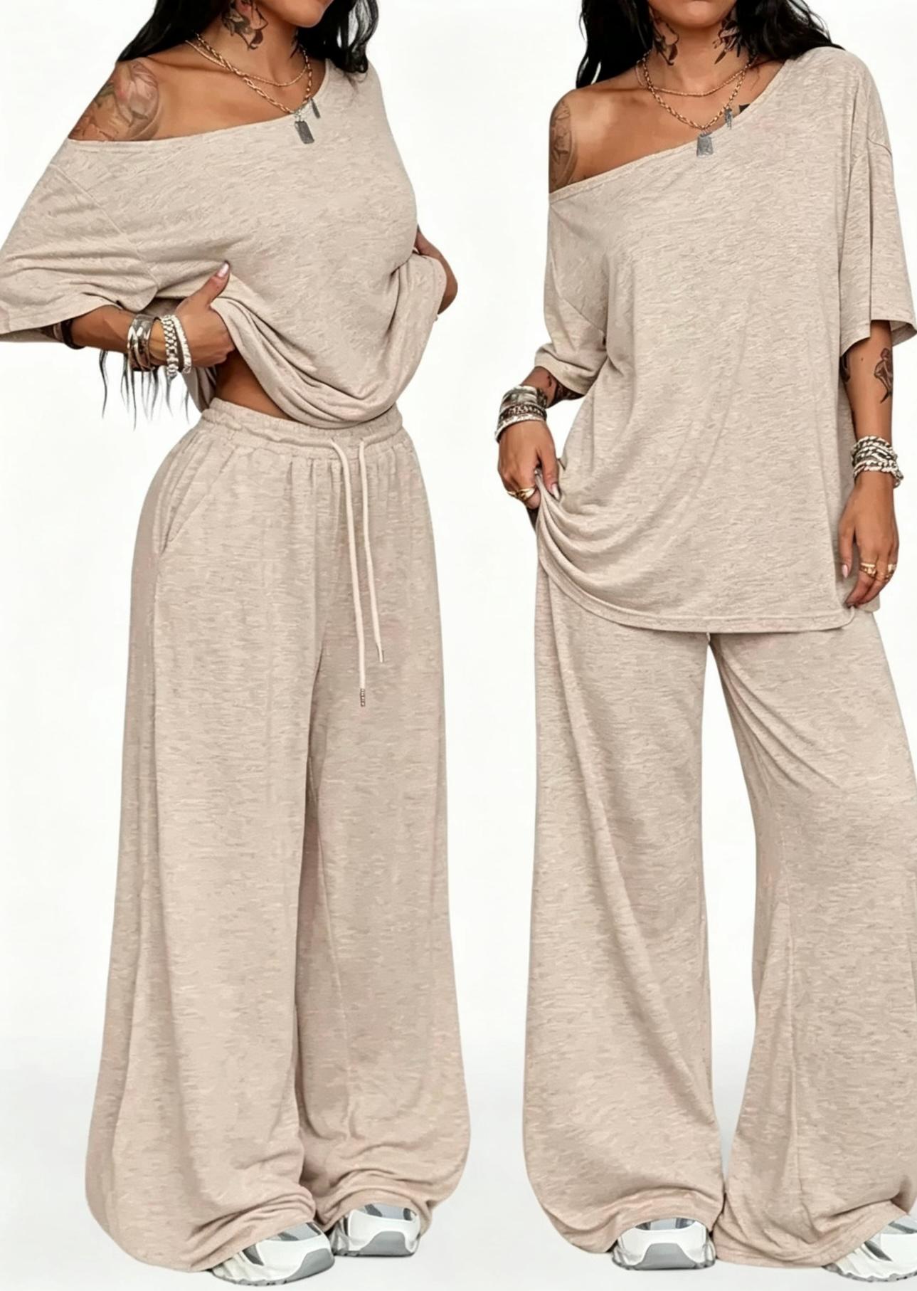 2pcs/Set Women's Minimalist Basic Daily Wear Everyday Going Out Sport Comfortable Off Shoulder T-Shirt And Wide Leg Pants Two Pieces Outfits