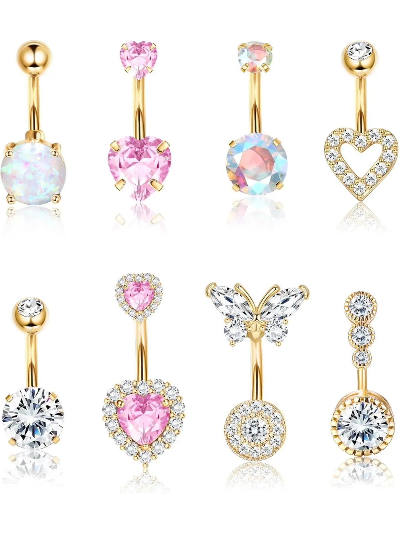 8pcs Heart Belly Button Ring Piercing, 14g Surgical Stainless Steel Hypoallergenic Jewelry, Chic Body Jewelry, Body Piercing Jewelry, Cute Opal Butterfly Navel Rings for Women, Rhinestone Belly Ring