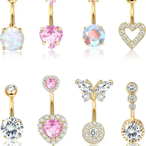 8pcs Heart Belly Button Ring Piercing, 14g Surgical Stainless Steel Hypoallergenic Jewelry, Chic Body Jewelry, Body Piercing Jewelry, Cute Opal Butterfly Navel Rings for Women, Body Jewellery
