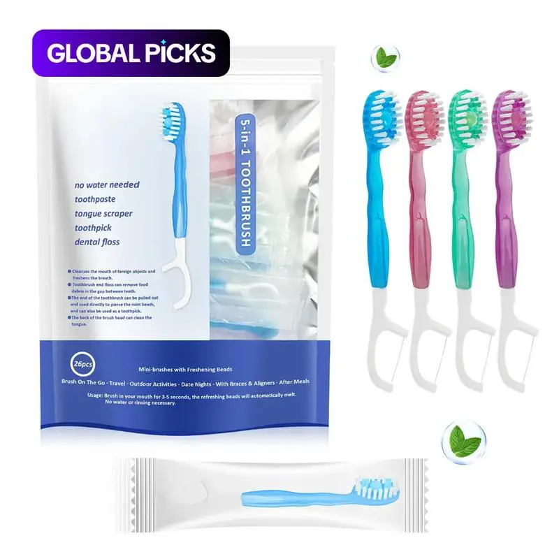 5-in-1 Disposable Travel Toothbrush, Portable Pre-Pasted Toothbrush with Dental Floss & Tongue Scraper, Individually Wrapped Oral Cleaning Kit for Trip Camping