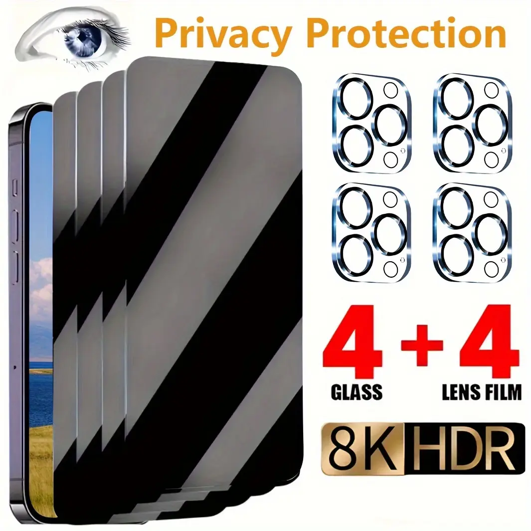 Anti-Peeping Tempered Glass Screen Protectors (4-Piece Set + 4 Camera Lens Protectors) for iPhone 16/15/14/13/12/11 Pro Max, Smartphone Accessories with 9H Hardness, Scratch Resistance, Curved Edge Compatibility