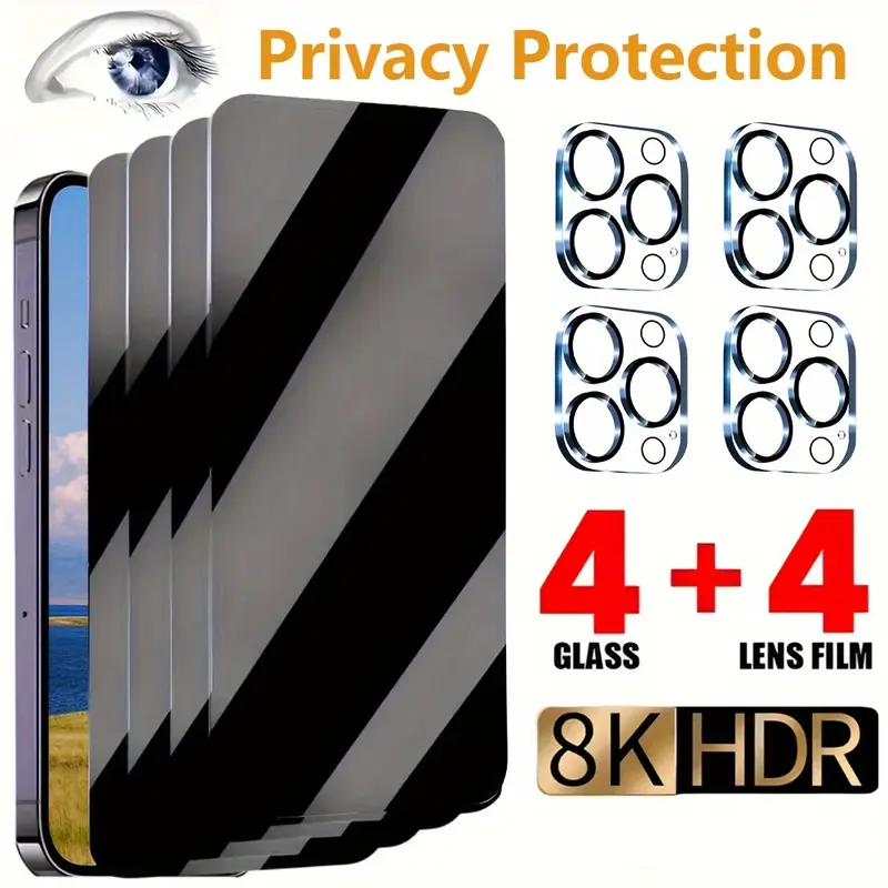 4+4 Pack Anti-Peeping Privacy Tempered Glass Screen Protector Privacy & Camera Lens Protectors for iPhone 16/15/14/13/12/11 Pro Max (iPhone11pro), 9H Hardness, Scratch Resistant, Curved Edge Compatible, Shell-Friendly Made in USA Smartphone Accessories