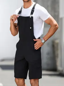 【Plus Size】 Solid Pocket Overalls, Casual Comfy Knee Length Overalls?for Daily Wear, Men's Bottoms for All Seasons