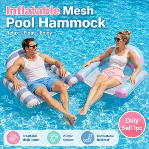 Adult Inflatable Pool Float Chair Stripe Pattern, Foldable Thick PVC 3-Tube Floating Water Seat with Cooling Mesh Hammock, Single Pool Lounge Raft, Water Sofa Float for Men Women, Swimming Pool, Beach, Summer Vacation and Outdoor Relaxation