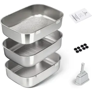 Triple Pan Stainless Steel Sifting  Litter Box, Large High Sided Metal Litter Box for Big Cats up to 20lbs, Odor-Free Non-Stick Easy Clean System, No Scooping Sifter Tray for Multi- Homes