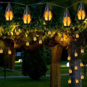 BougeRV Halloween Decor Outdoor Solar String Lights, equipped with 10 flickering flame bulbs, waterproof warm color/purple solar outdoor lights, suitable for gardens, patios, gazebos, pubs, cafes, parties, and Halloween.