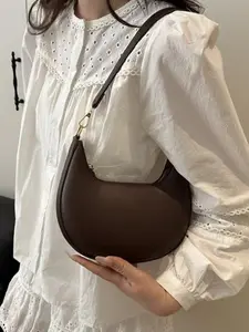 Coffee Color Crescent PU Leather, Fashionable Simple Solid Women's Underarm Clutch, Leather Shoulder Bags, Suitable for Autumn Winter