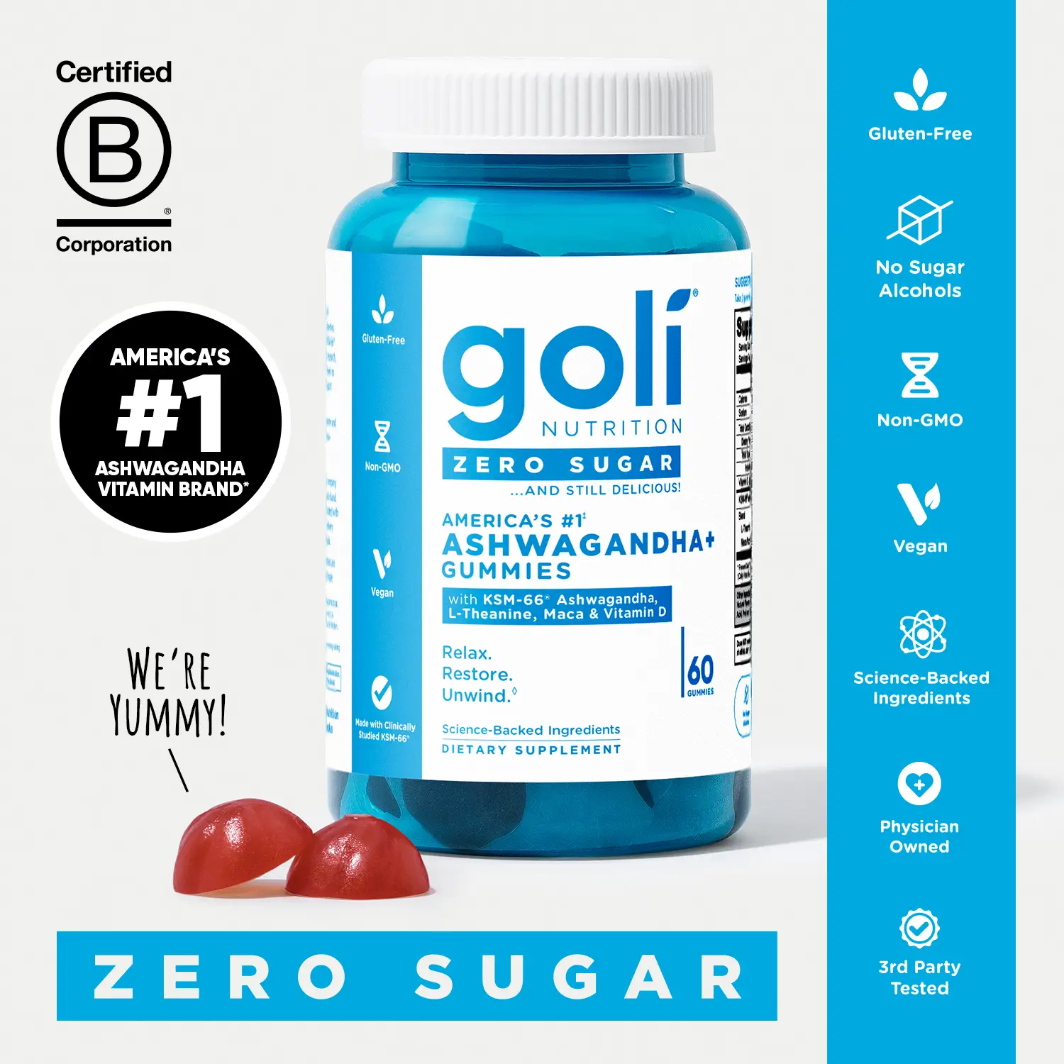 Goli Zero Sugar Ashwagandha & L-Theanine, Vitamin D & Maca Gummies - KSM-66, Keto-Friendly, No Artificial Sweeteners, No Sugar Alcohols, Vegan, Plant