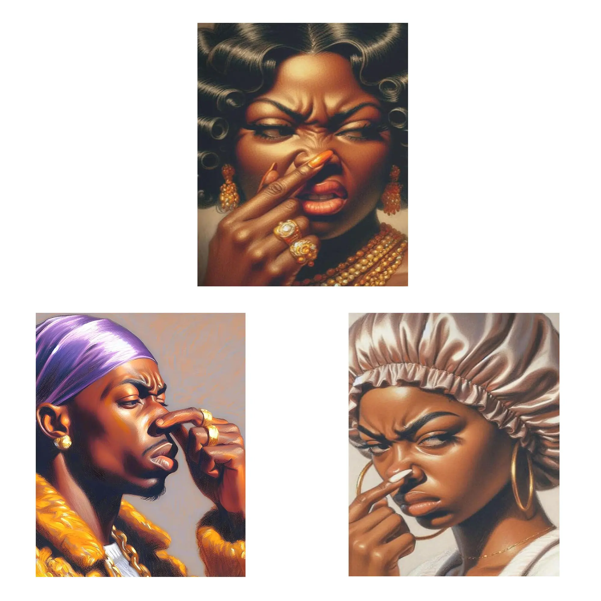 Black Female Artistic Cartoon 3-Piece Bathroom Wall Prints Set - Print Design, Humor & Funny Decor for Maximalists, Kid Room & Kitchen Accent, Multi-Size Home Decor