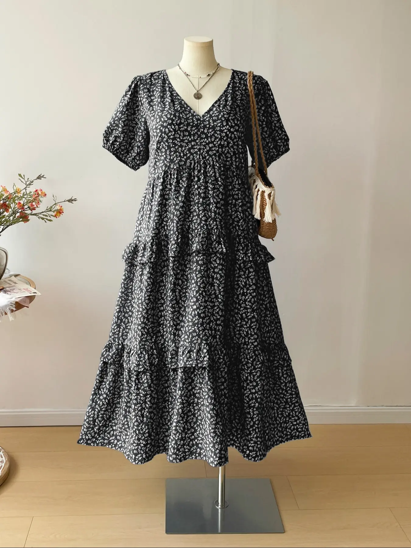 Plus Size Blue Bohemian Floral Ruffle Hem Long Dress, Loose-Fit Woven Fabric, All Seasons Women's Fashion, Vacation Style