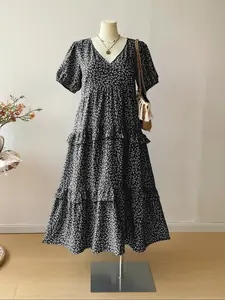 Plus Size Blue Bohemian Floral Ruffle Hem Long Dress, Loose-Fit Woven Fabric, All Seasons Women's Fashion, Vacation Style