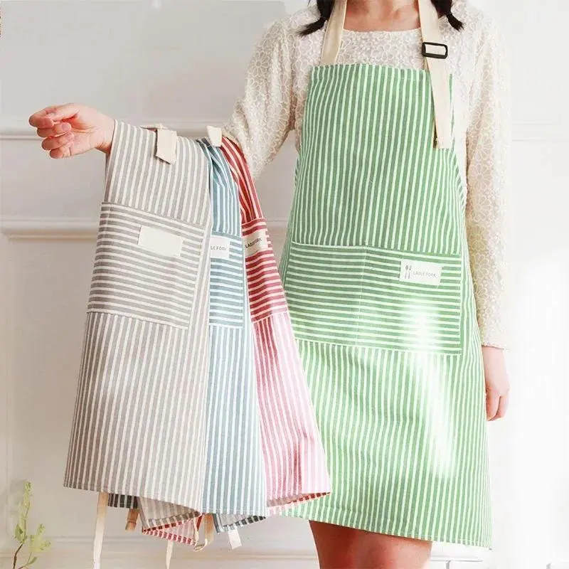 Cotto Cotton-Linen Striped Apron with Pocket - 65*70cm, Thin Cotton Waistband, Breathable, Durable, Anti-Stain, Anti-Oil, Fashion Unisex Kitchen Home Care Protective Accessory, Anti-Fouling, Belt