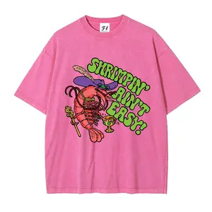 "SHRIMPIN AIN'T EASY" washed crew neck T-shirt, fun print design, lobster print top, unisex size.
