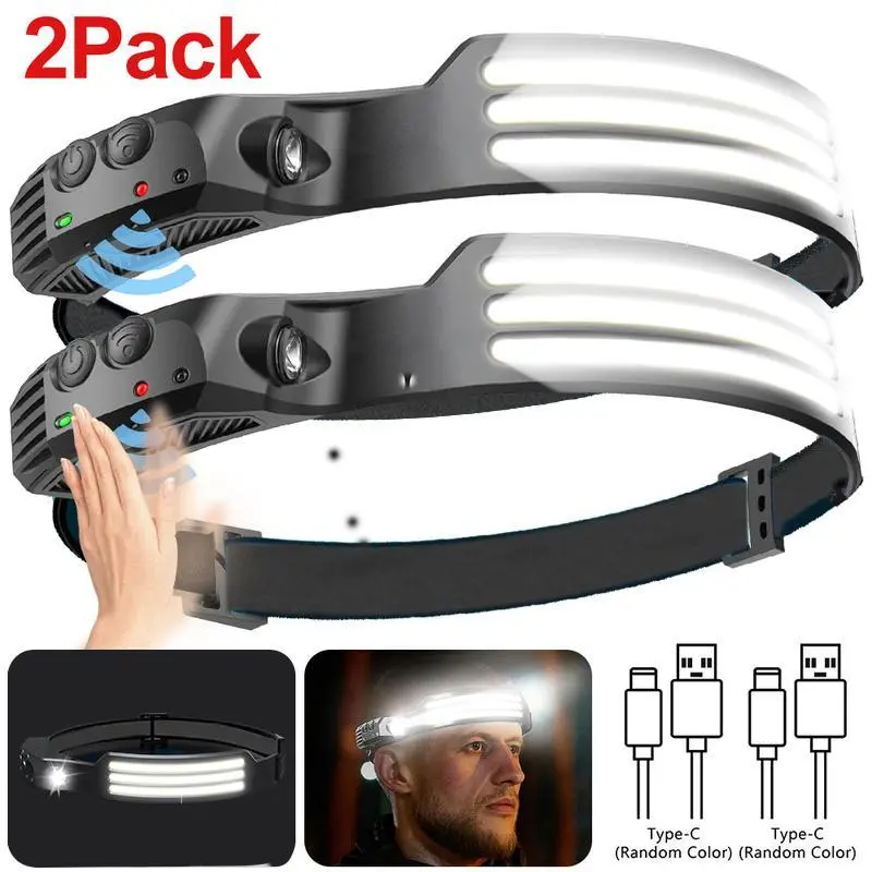 2Pack COB+XPG LED Headlamp with Headband - 3.7V, Super Bright, Rechargeable, Waterproof, 230° Wide Beam, Motion Sensor, Compact, Portable, Cordless, Type-C Charging - for Outdoor Activities, Patrol, Camping - Ideal Gift for Father, Charging Cable