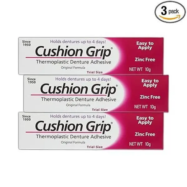 Cushion Grip Thermoplastic Denture Adhesive, 0.35 oz Travel Size (Pack of 3) – Refits and Tightens Loose Dentures for Up to 4 Days | Non-Glue, Zinc-Free, Waterproof Formula, Acts Like a Soft Reliner