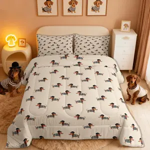 Cartoon Dachshund Bedding Set Sausage Dog Comforter for Boys Girls Kids Teens Breathable Soft Lightweight Microfiber