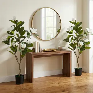 2 Pack 3.7 ft Tall Artificial Magnolia Tree, Faux Magnolia Plant with Realistic Leaves and Blooms, Potted Fake Floral Tree for Living Room/Office/Porch Decor, White/Yellow