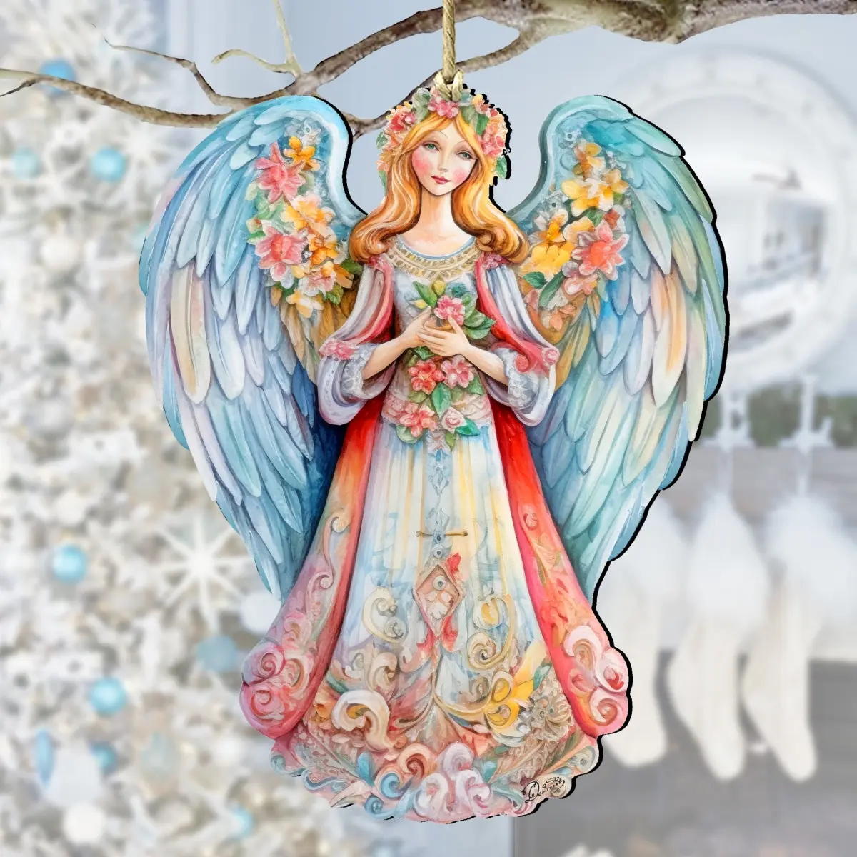 212 MAIN Designocracy 8611024 Handmade UV-Protected Sturdy Weather-Resistant Blue Floral Angel Wooden Nativity Ornaments, 5x5.5x0.25 in, Indoor Christmas Holiday Decoration, Ideal Gift