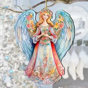 Designocracy 8611024 Artistic Blue Floral Angel Wooden Nativity Ornaments, 5x5.5x0.25 in, Christmas Holiday Decor, Festive Home Decoration, Ideal Gift