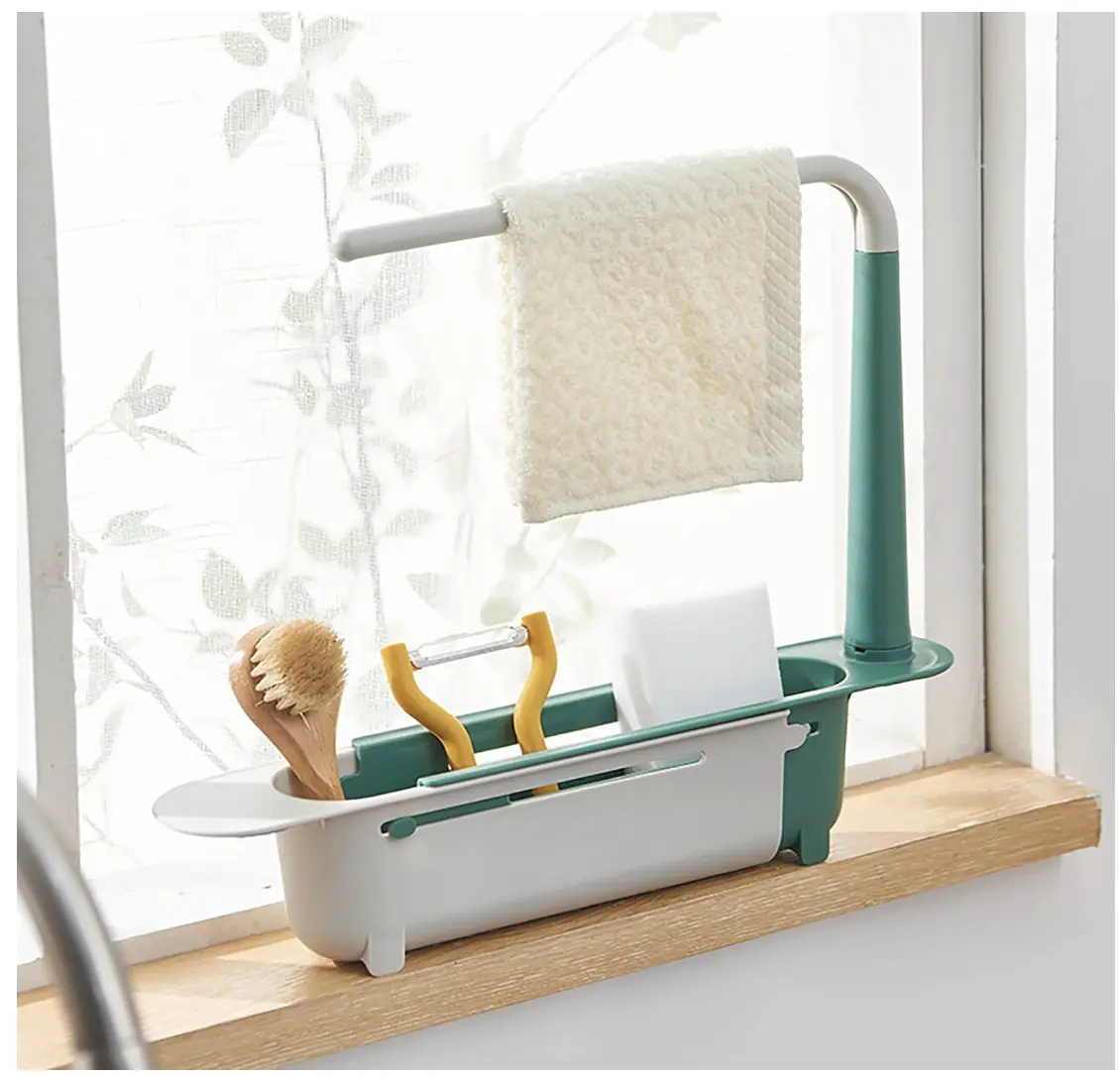 Upgraded Telescopic Sink Storage Rack, Adjustable Length 2-in-1 Sink Organizer Tray Sponge Soap Holder with Dishcloth Hanger, Expandable Storage Drain Basket for Home Kitchen
