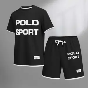 Men's Polo Sport Print Drawstring Shorts Set For Spring/Summer. A Casual Summer Outfit, Including A Short-Sleeved Shirt And Shorts, Suitable For Everyday Wear And Sports. A Two-Piece Set For A Relaxed And Energetic Lifestyle.