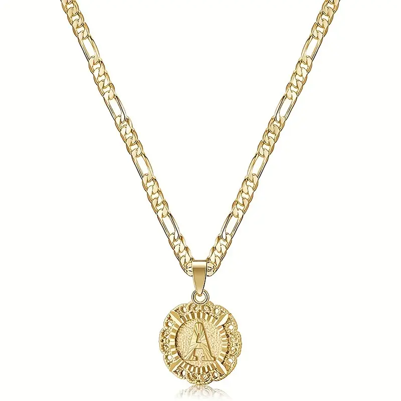 14K Yellow Gold Plated Initial Necklace with Round Letter Pendant, Capital Monogram Alphabets A-Z, Unisex Casual Accessory size40-50cm Gold Color Chain