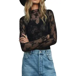 New women's long sleeved T-shirt with mesh transparent stand up collar lace shirt, spring and autumn slim fit top, street wear women's shirt, plaid light casual breathable elegant blackRAIMENTRY