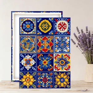 Talavera tile canvas painting, wooden frame wall decoration, Mexican flowers, bohemian style Spanish tile poster, colorful folk art, suitable for living room, bedroom, kitchen.