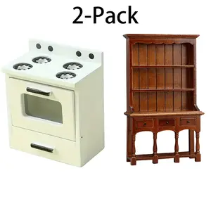 2-Pack 1:12 Miniature Kitchen Set with Gas Stove and Vertical Bookcase Dollhouse Furniture DIY Mini Model for Dollhouse Display and Storage