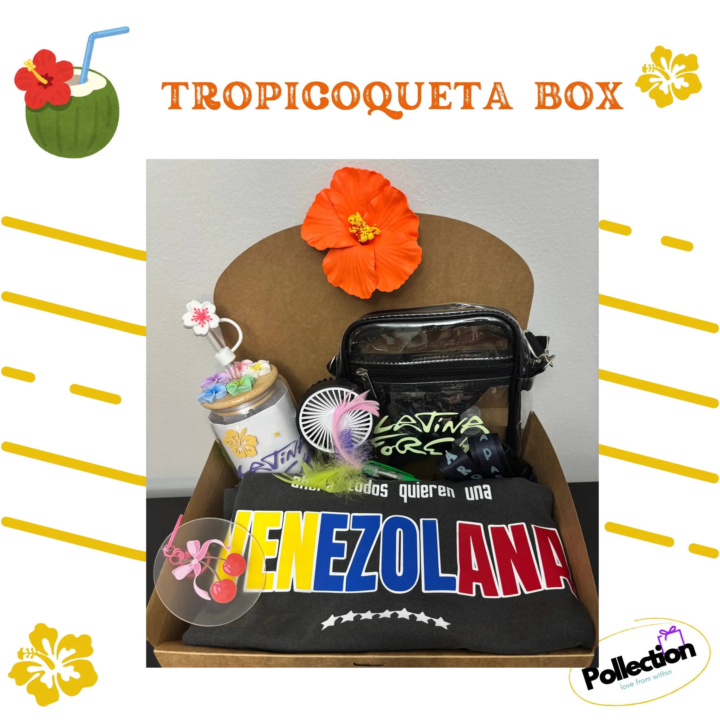 TROPICOQUETA Gift Box & Festive Concert: t-shirt, pens, clear bag, glass cup. clip hair, keychain, mini fan, hand sanitizer, lip balm & lanyard.